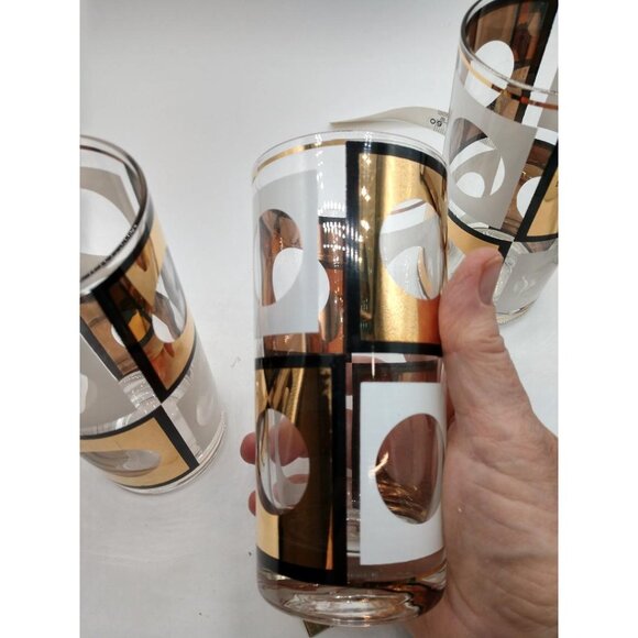 Set Of 4 Vintage Mid-Century Modern (MCM) Geometric Highball Glasses With Gold & - Picture 3 of 6
